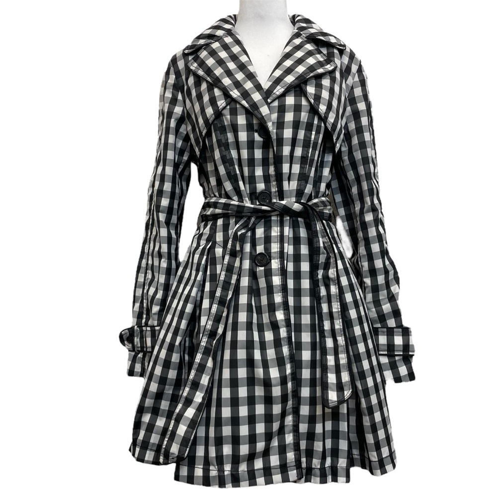 Laundry by Shelli Segal Black & White Gingham Check Plaid Belted Trench Coat - Picture 3 of 16